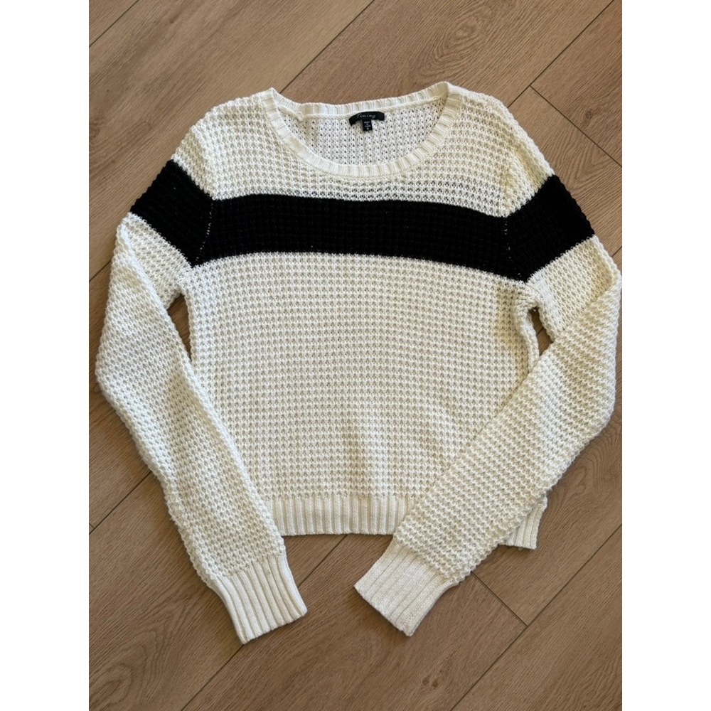 Timing Womens Cream Black Striped Open Knit Pullover Sweater Size Small